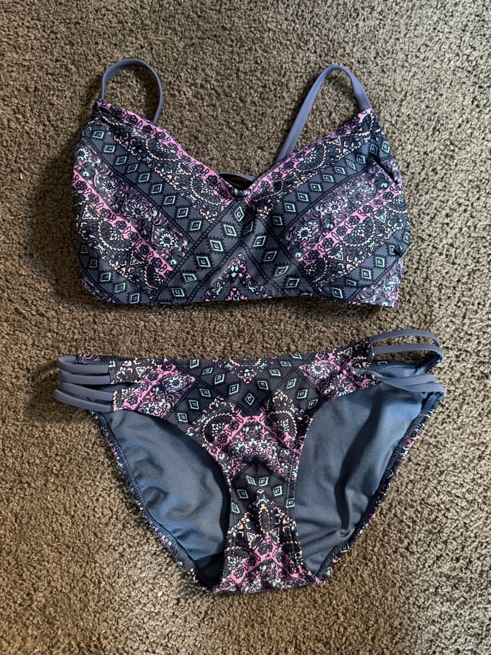 Women's Blue and Pink Patterned Bikini Set